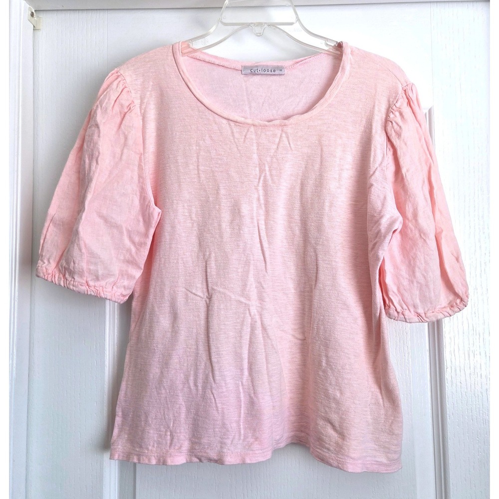 Cut Loose Cotton Candy Pink Linen Cotton Puff Sleeve Scoop Neck Top Sz Small VTG